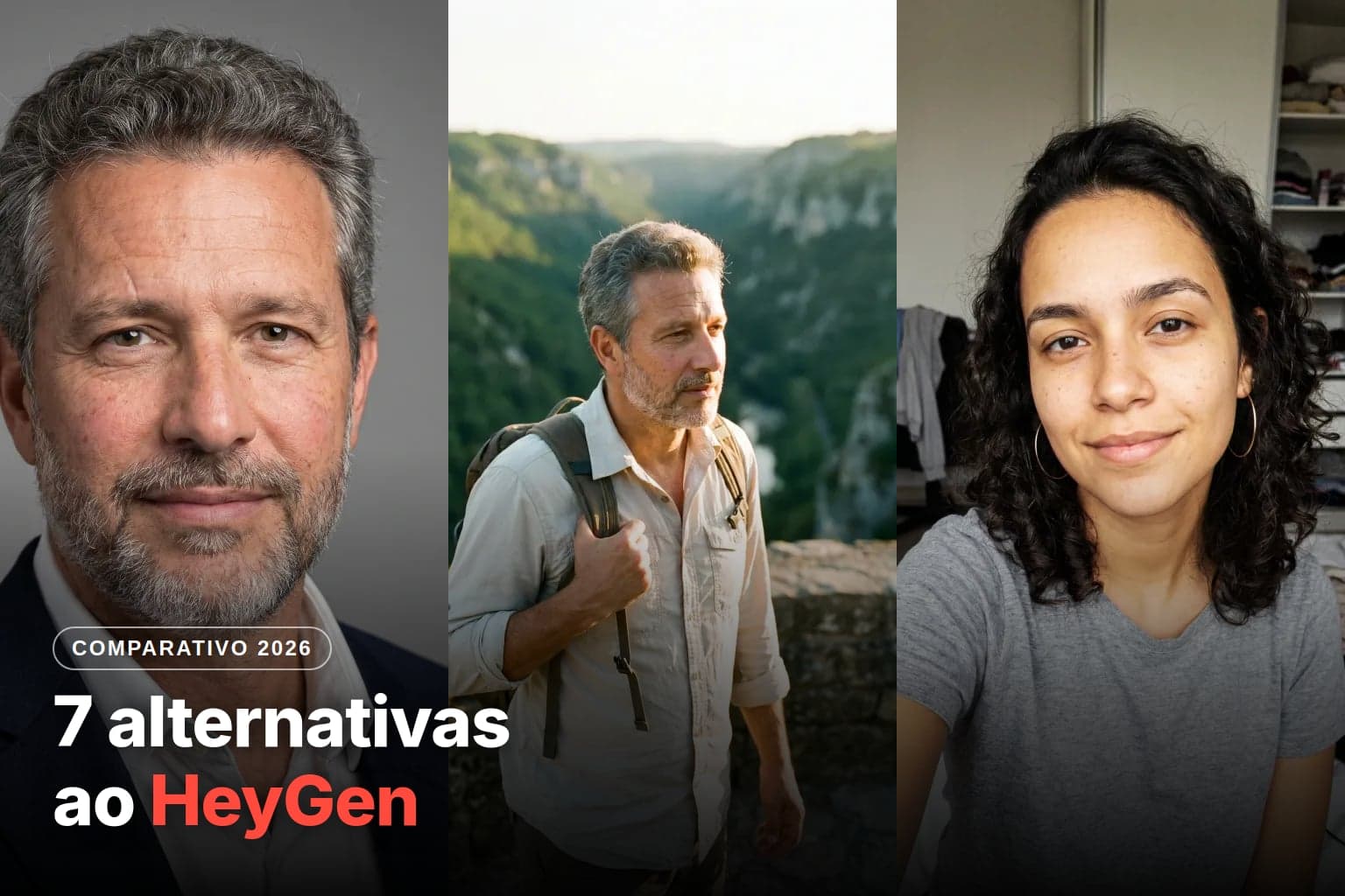 Capa: 7 alternativas ao HeyGen, com preço em real e pra quem serve cada uma, ao lado de dois retratos gerados por IA