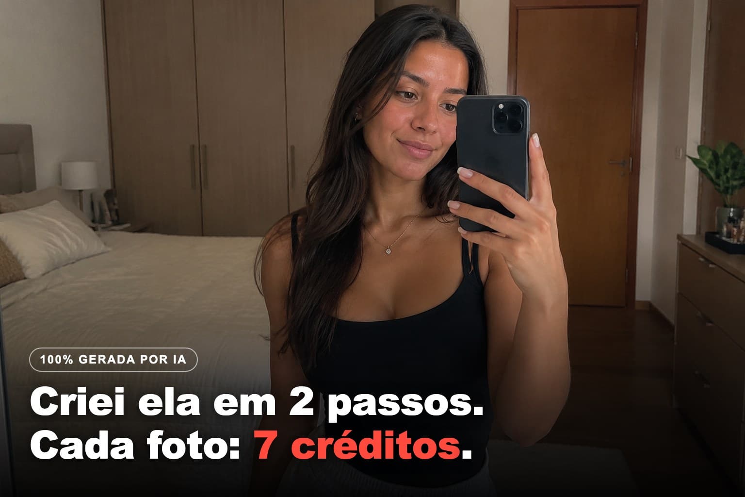 Selfie de uma influencer 100% gerada por IA no Avatrix, no quarto, com a frase: criei ela em 10 minutos, o rosto nunca muda