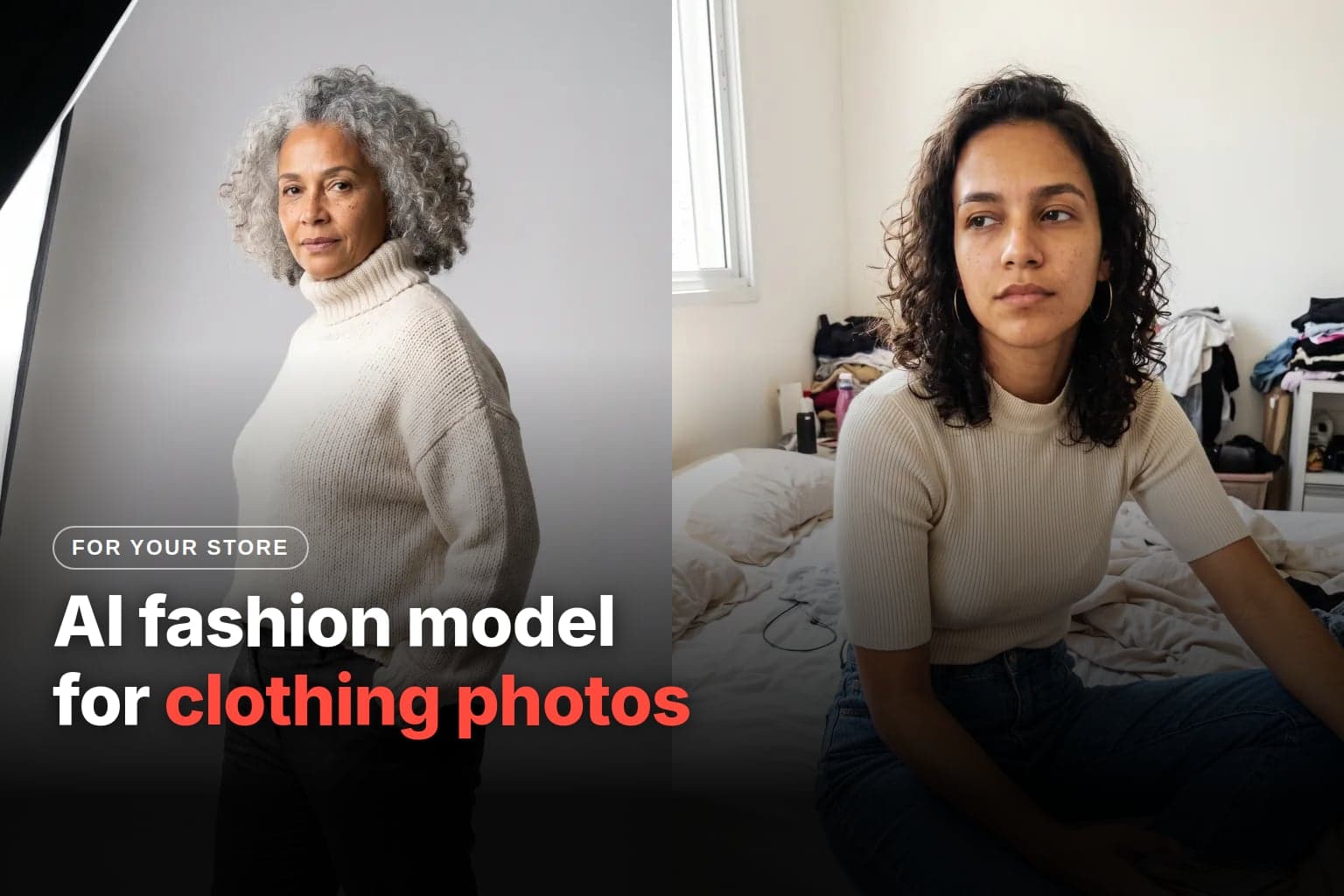 Cover with two fashion photos: a model with curly gray hair in a cream knit sweater and dark pants against a studio backdrop, and a young woman in a ribbed top and jeans sitting on a bed in a bedroom