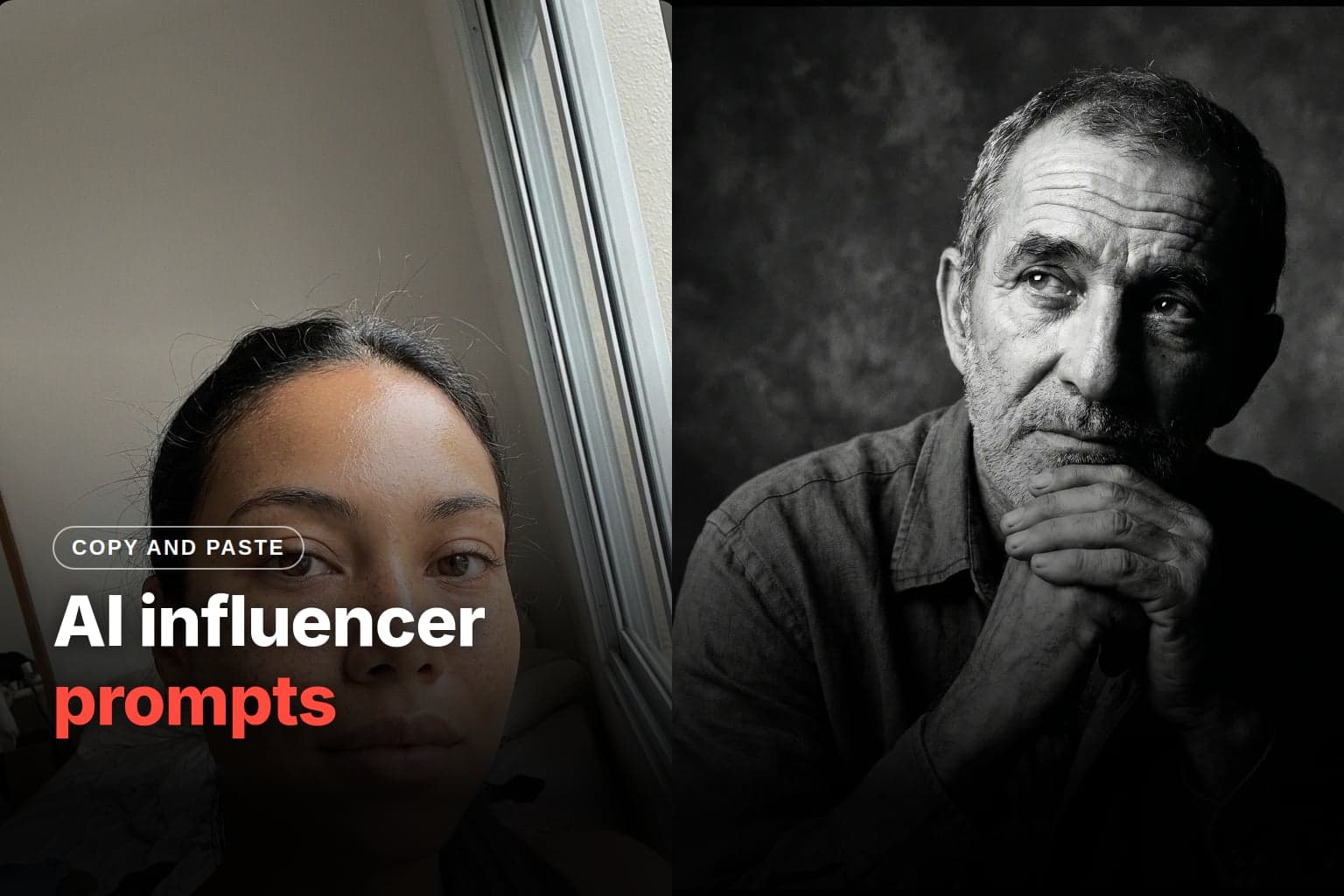 Article cover with two photos next to the title: a selfie of a young freckled woman near a window and a black-and-white portrait of an older man with his hands crossed