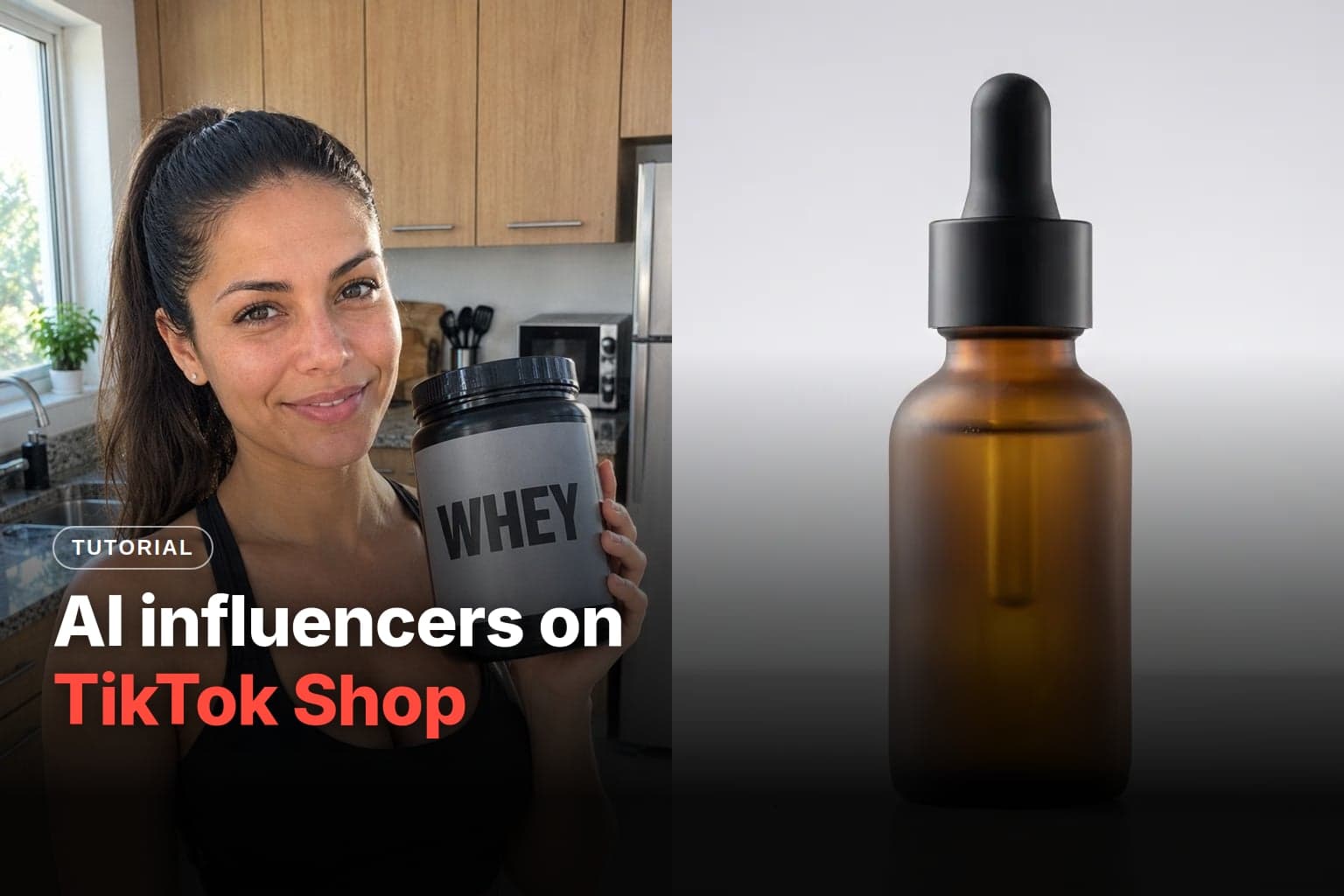 Cover with an AI-created influencer showing a tub of whey protein in a kitchen, next to an amber dropper bottle