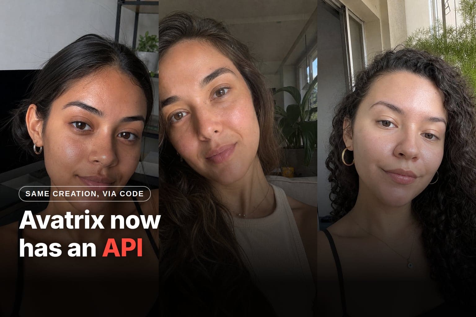 Three AI influencers generated on Avatrix, side by side, in casual home selfies with natural light