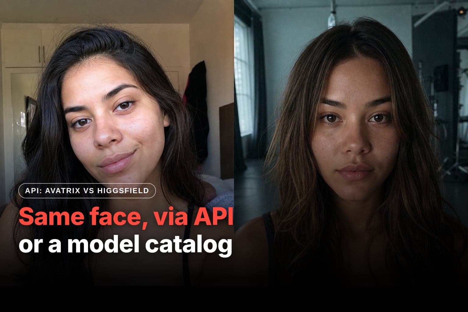 Comparison of the Avatrix and Higgsfield APIs for generating AI influencers: two realistic AI-generated women side by side