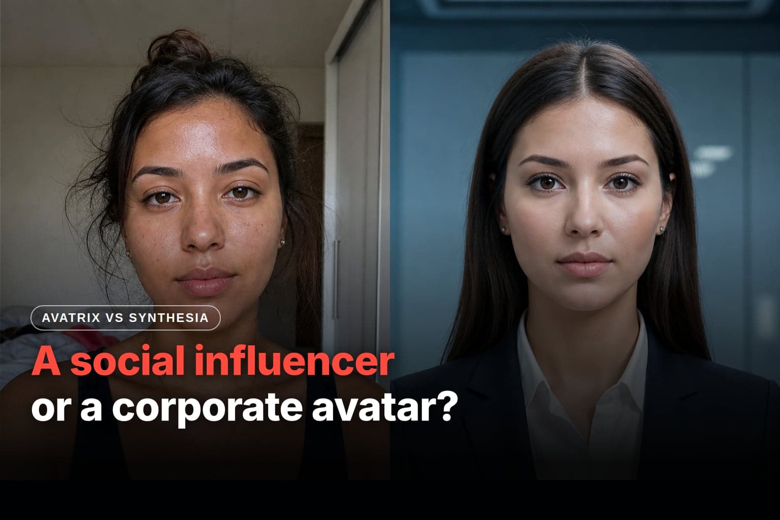Side-by-side comparison: a natural-looking AI influencer in her bedroom on the Avatrix side, versus a corporate avatar in a suit in an office on the Synthesia side