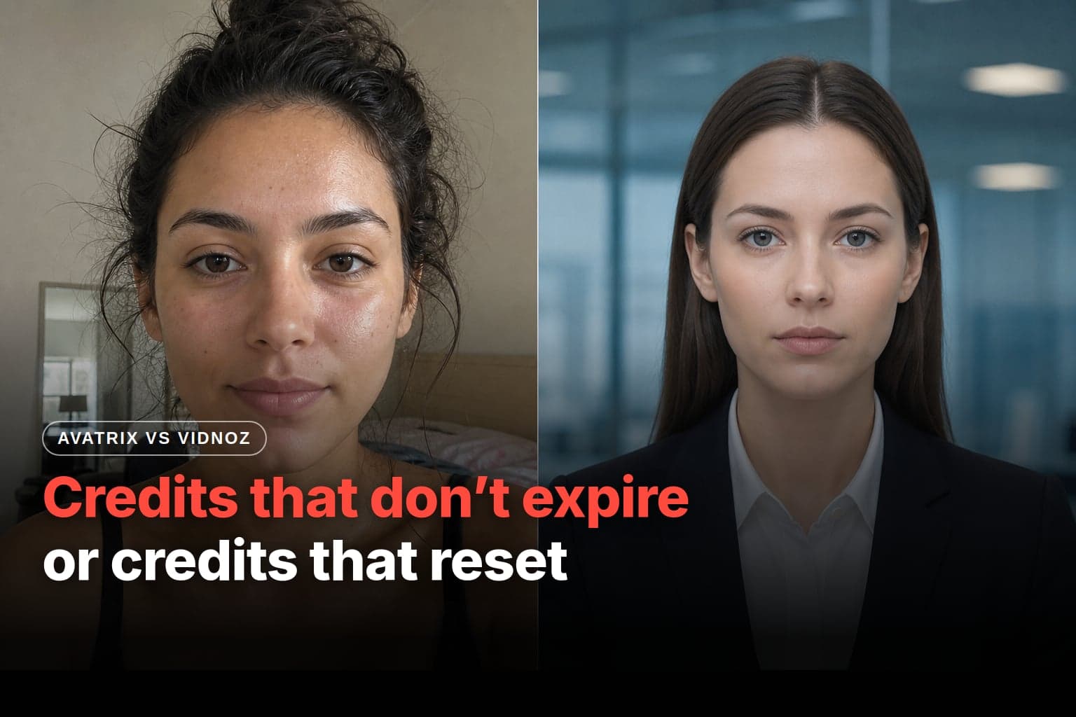 Avatrix vs Vidnoz comparison: on the left, a realistic young woman taking a selfie in her bedroom; on the right, a woman in a dark blazer in front of an office