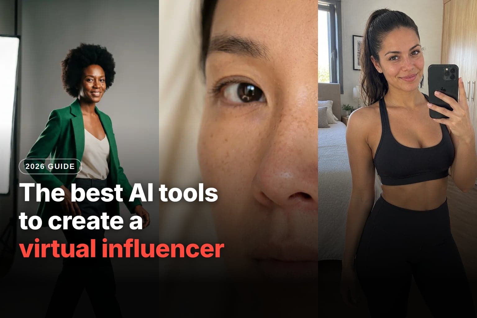 Three AI-generated women: one with afro hair and a green blazer in a photo studio, a close-up of a freckled face, and a young woman in workout clothes taking a mirror selfie in her bedroom