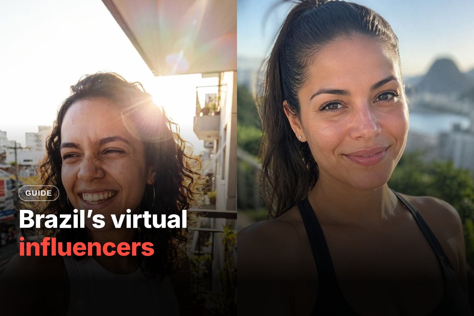 Two AI-created influencers in realistic selfies: one smiling on a balcony with plants, the other with Rio de Janeiro in the background