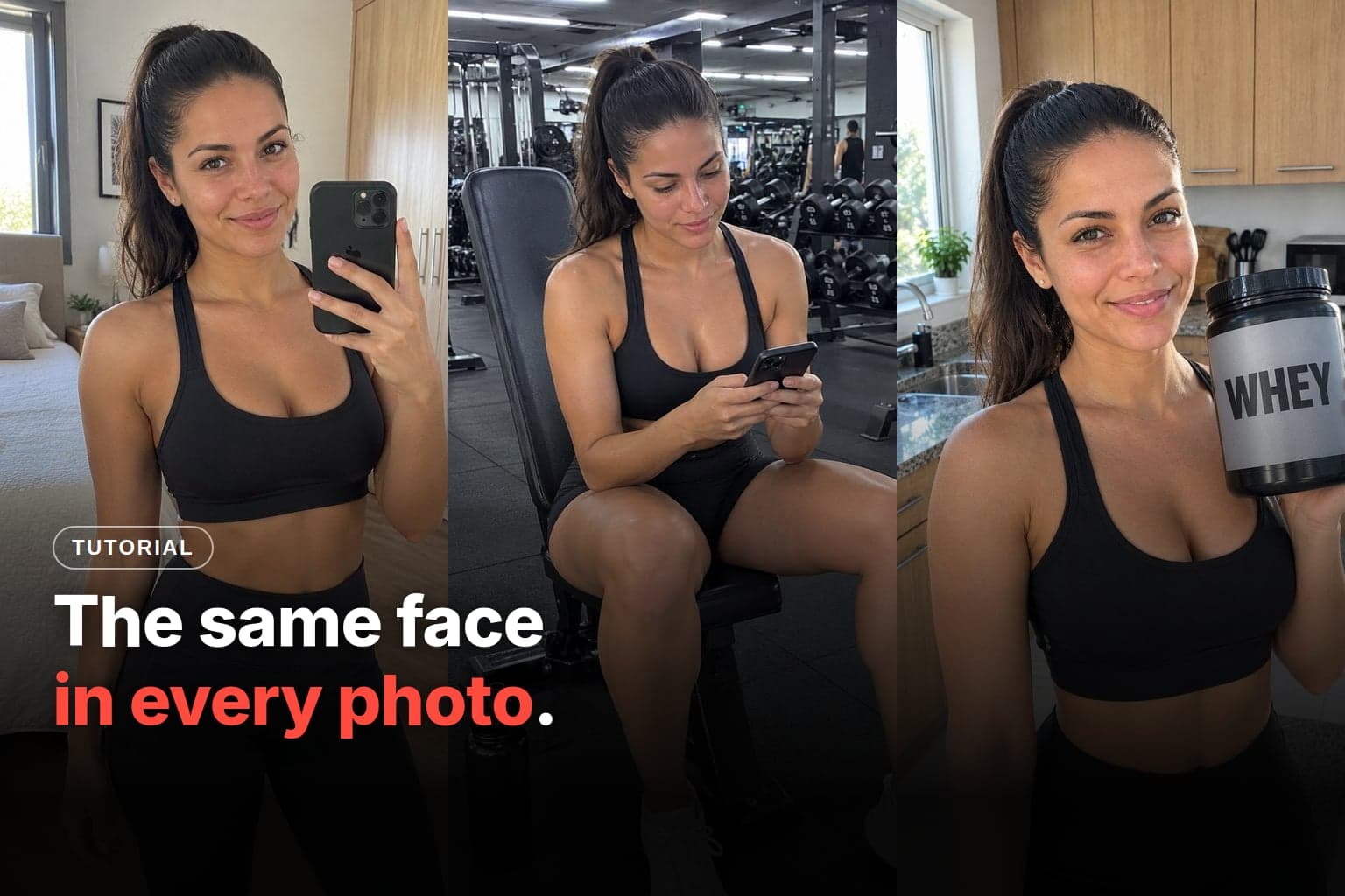 The same AI character, with a ponytail and a black top, in three different photos: a mirror selfie in the bedroom, at the gym and in the kitchen