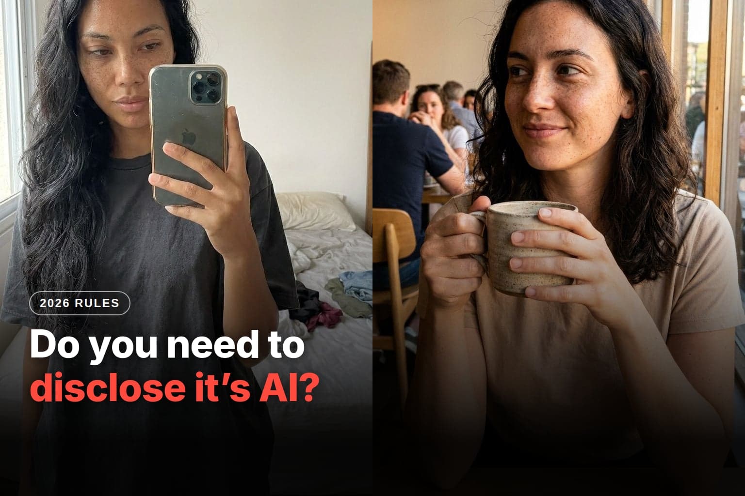 Two realistic AI-created influencers: a mirror selfie in a bedroom with clothes on the bed and a woman holding a mug in a café