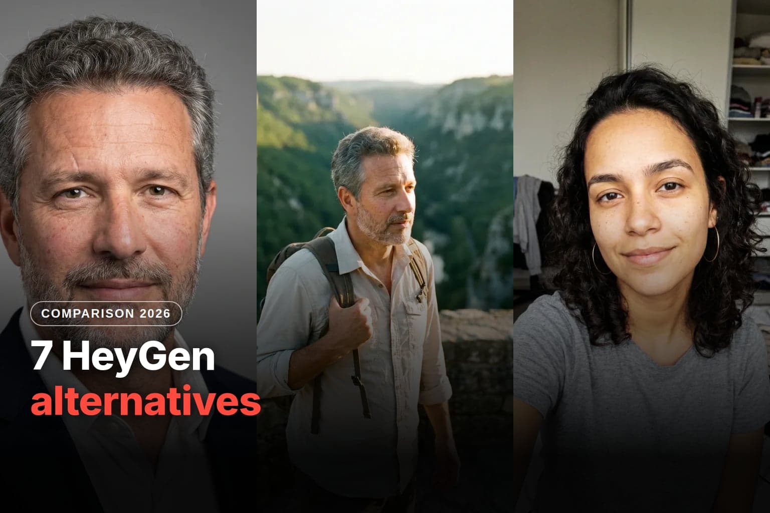 Cover of the article on HeyGen alternatives, with three AI-generated photos: a portrait of a gray-haired man in a suit, a hiker in front of a valley and a selfie of a young woman with curly hair