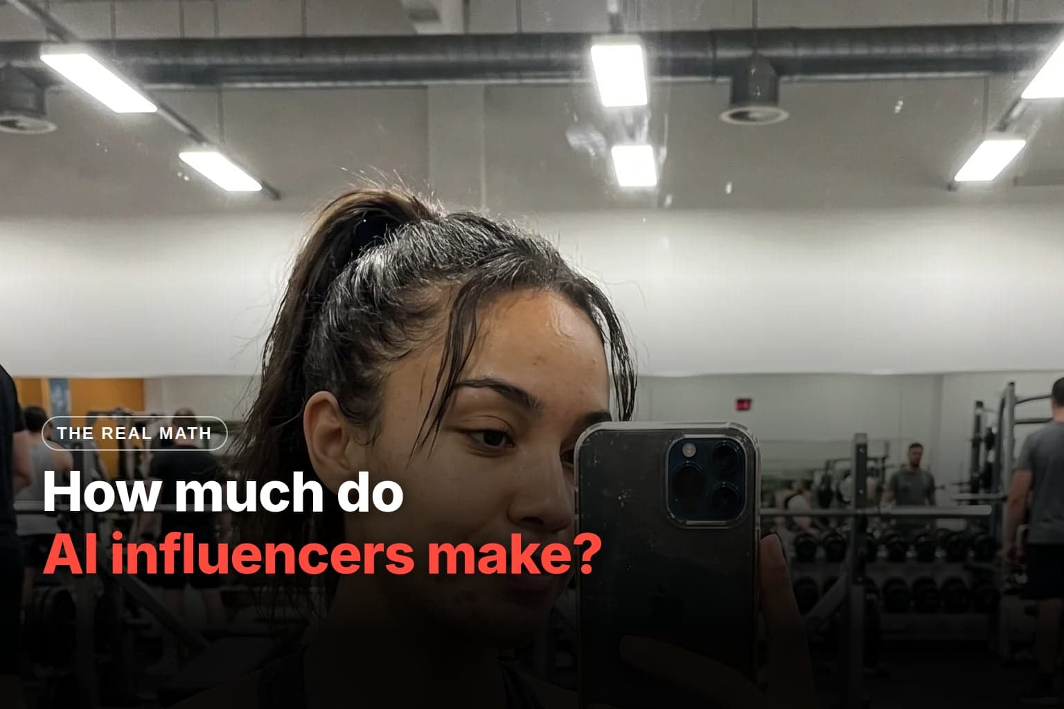 Gym mirror selfie: an AI-generated influencer with her hair in a ponytail holds her phone in front of her face while people work out in the background