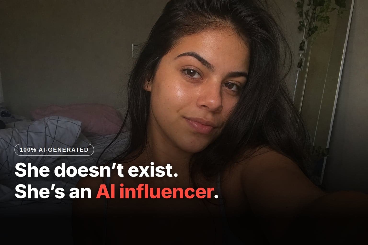 Realistic selfie of Lia, the 100% AI influencer created in this tutorial, in a bedroom lit by a window, with an unmade bed behind her