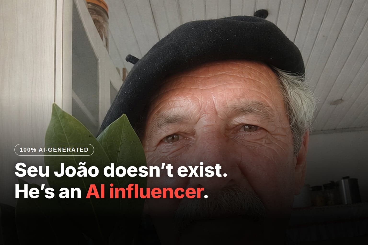 Seu João, the 100% AI natural-health influencer created in this tutorial, showing a sprig of bay leaves to the camera in a countryside kitchen