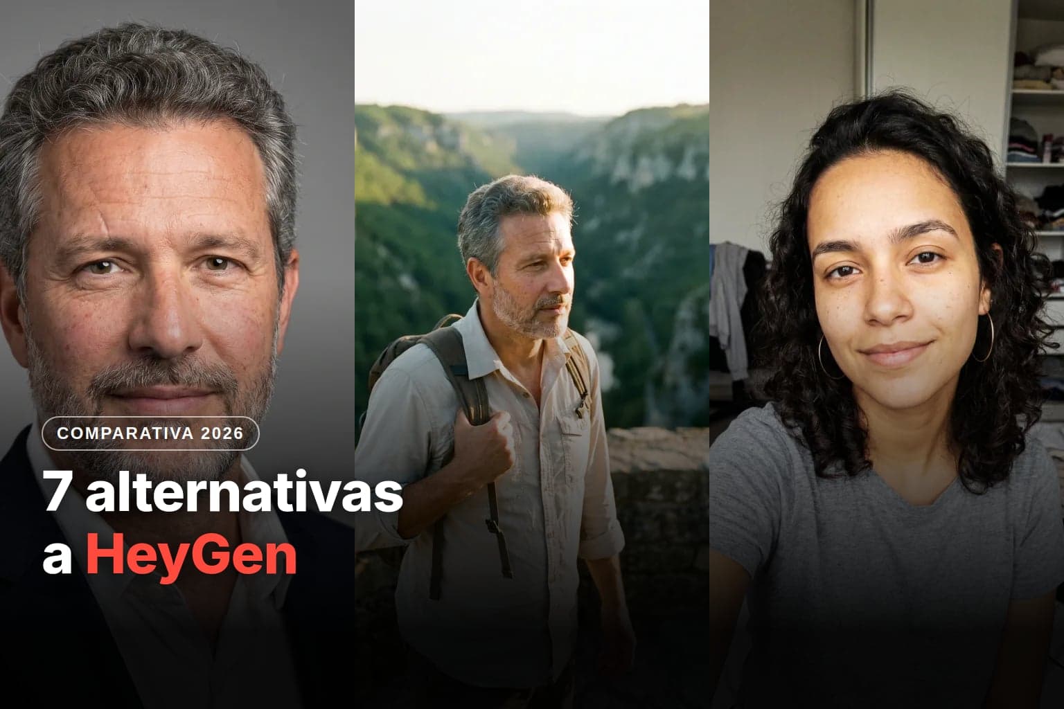 Portada del artículo sobre alternativas a HeyGen, con tres fotos generadas con IA: el retrato de un hombre canoso de traje, un excursionista frente a un valle y la selfie de una joven de pelo rizado