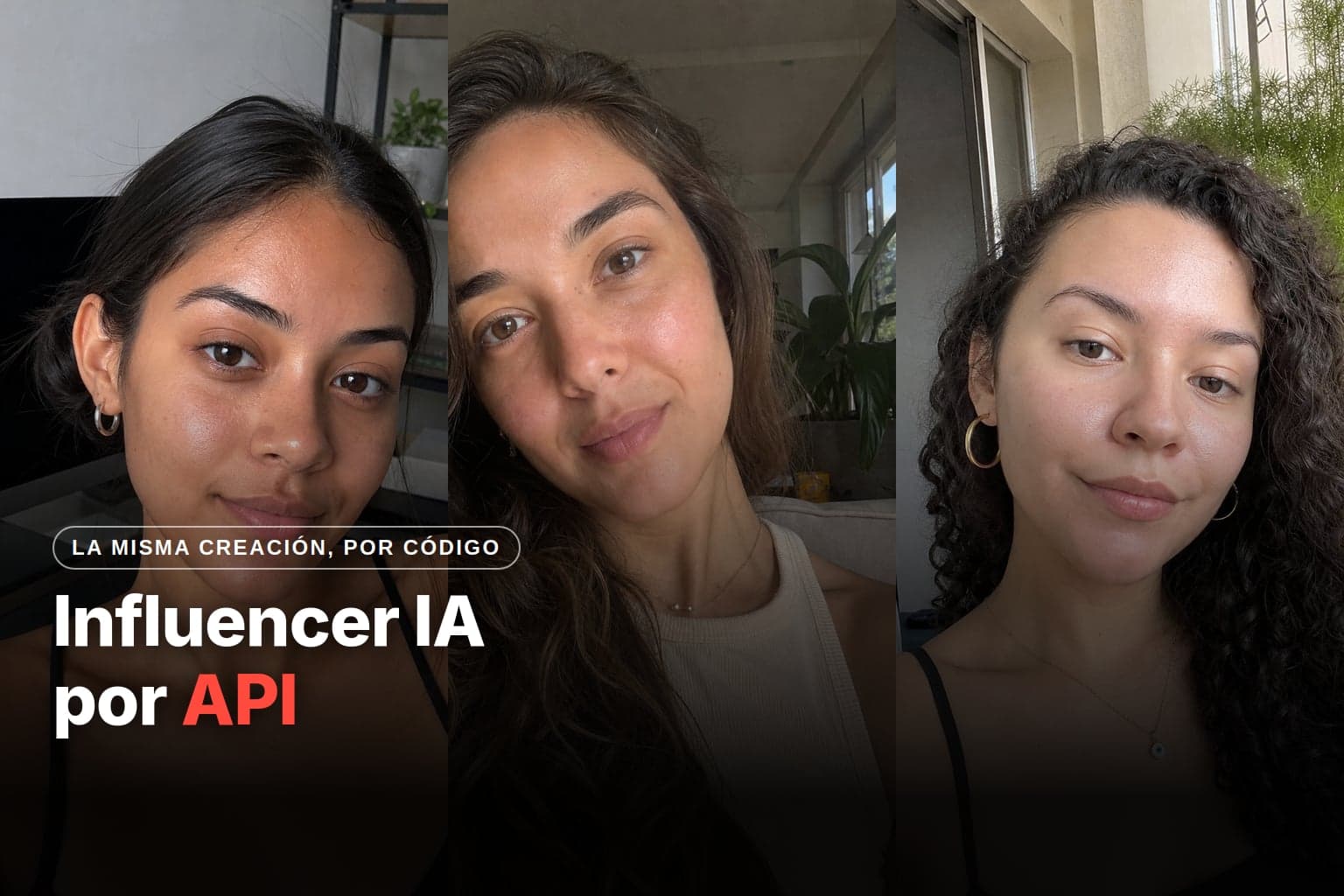 Tres influencers creadas con IA, lado a lado, en selfies caseras con luz natural: una con el pelo recogido en una sala, otra con plantas al fondo y otra de pelo rizado en un balcón