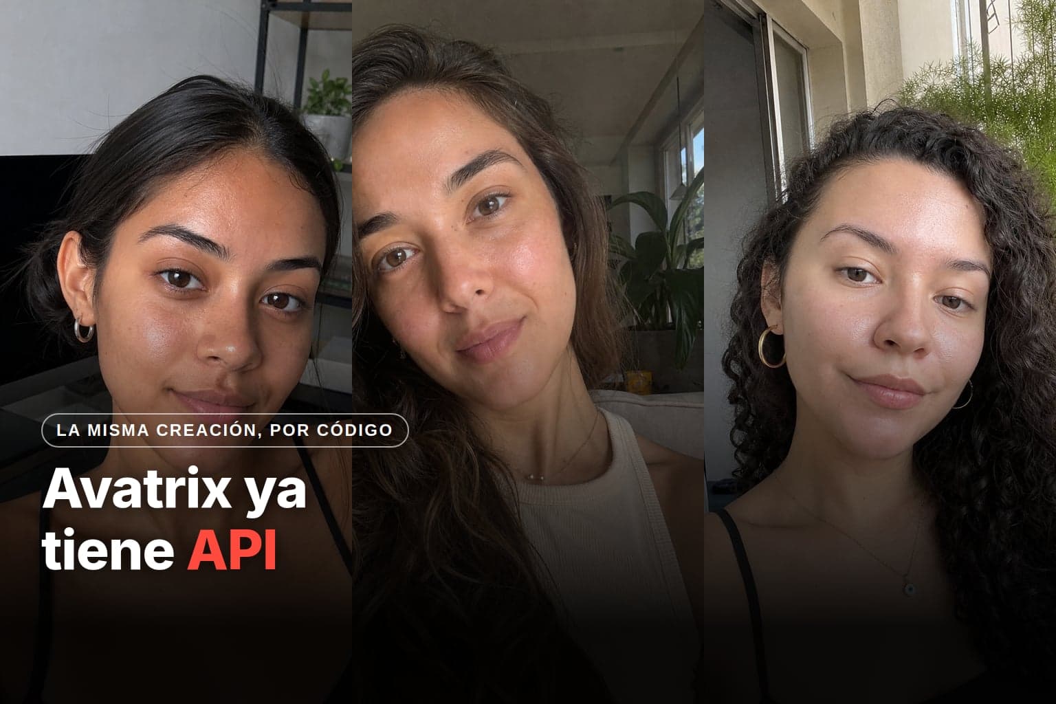 Tres influencers IA generadas en Avatrix, lado a lado, en selfies caseras con luz natural