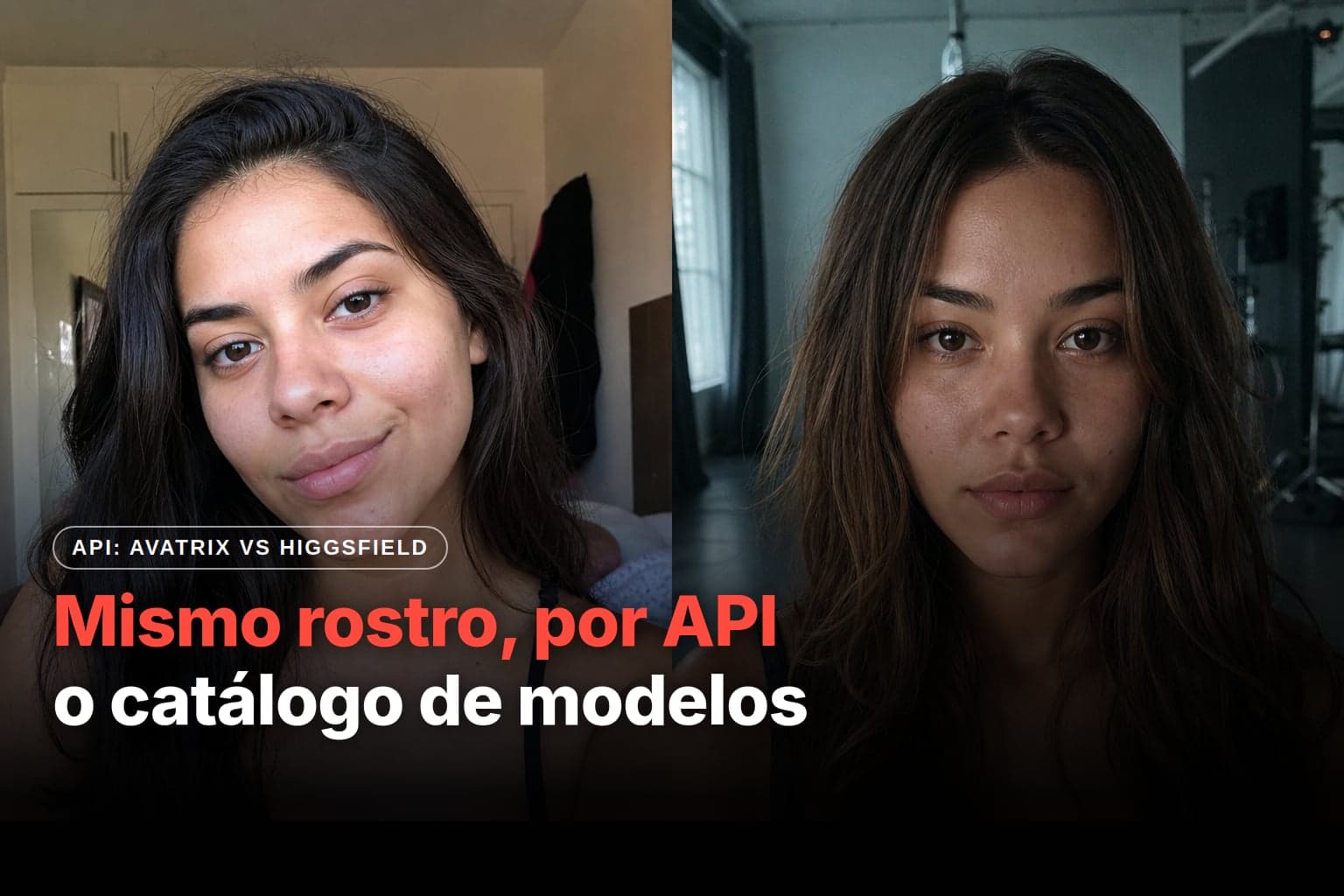 Comparación entre la API de Avatrix y la de Higgsfield para generar influencers IA: dos retratos realistas de mujeres creadas con IA, lado a lado