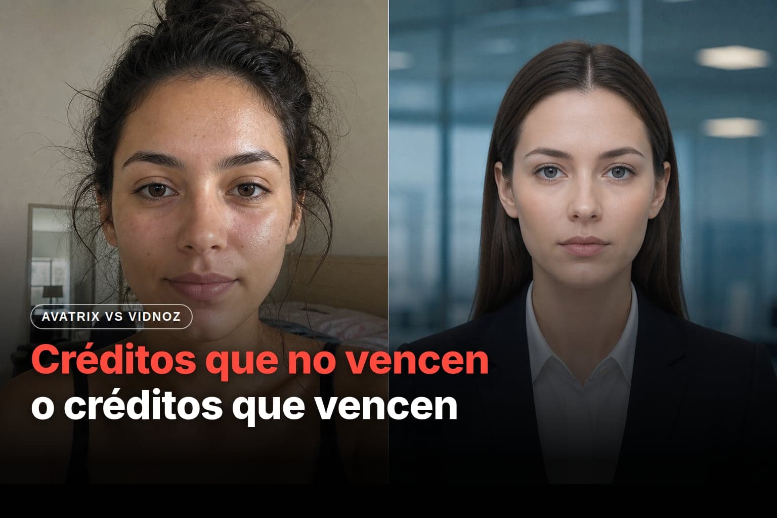 Comparativa Avatrix vs Vidnoz: a la izquierda, una joven de aspecto real en una selfie en su habitación; a la derecha, una mujer de traje oscuro frente a una oficina