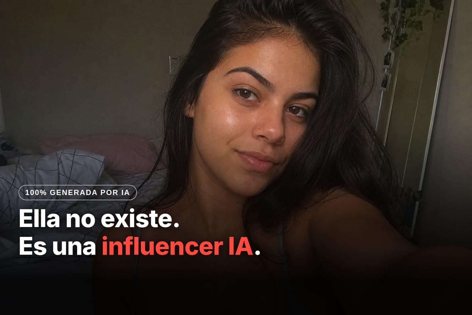 Selfie realista de Lia, la influencer 100% IA creada en este tutorial, en su cuarto con luz de ventana y la cama deshecha detrás