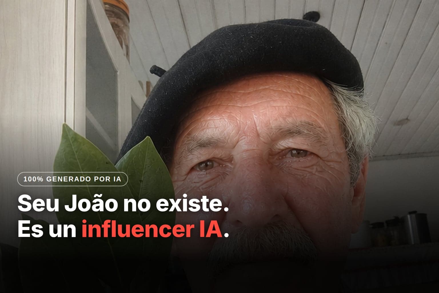 Seu João, influencer 100% IA de salud natural creado en este tutorial, mostrando una rama de laurel a la cámara en una cocina de campo