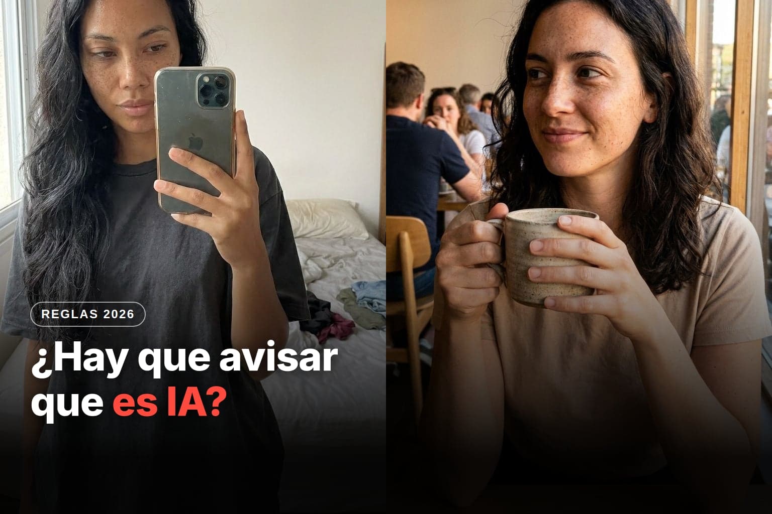 Dos influencers de aspecto real creadas con IA: una selfie frente al espejo en un cuarto con ropa sobre la cama y una mujer con una taza en una cafetería