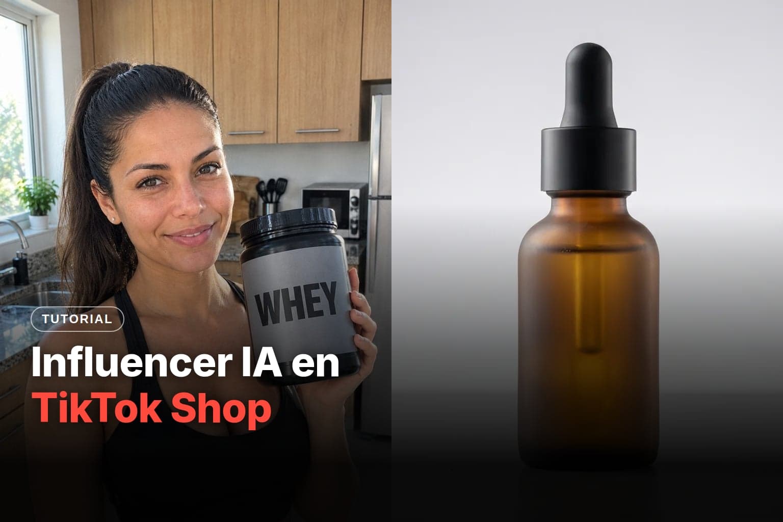 Portada con una influencer creada con IA que muestra un bote de proteína whey en la cocina, junto a un frasco gotero ámbar