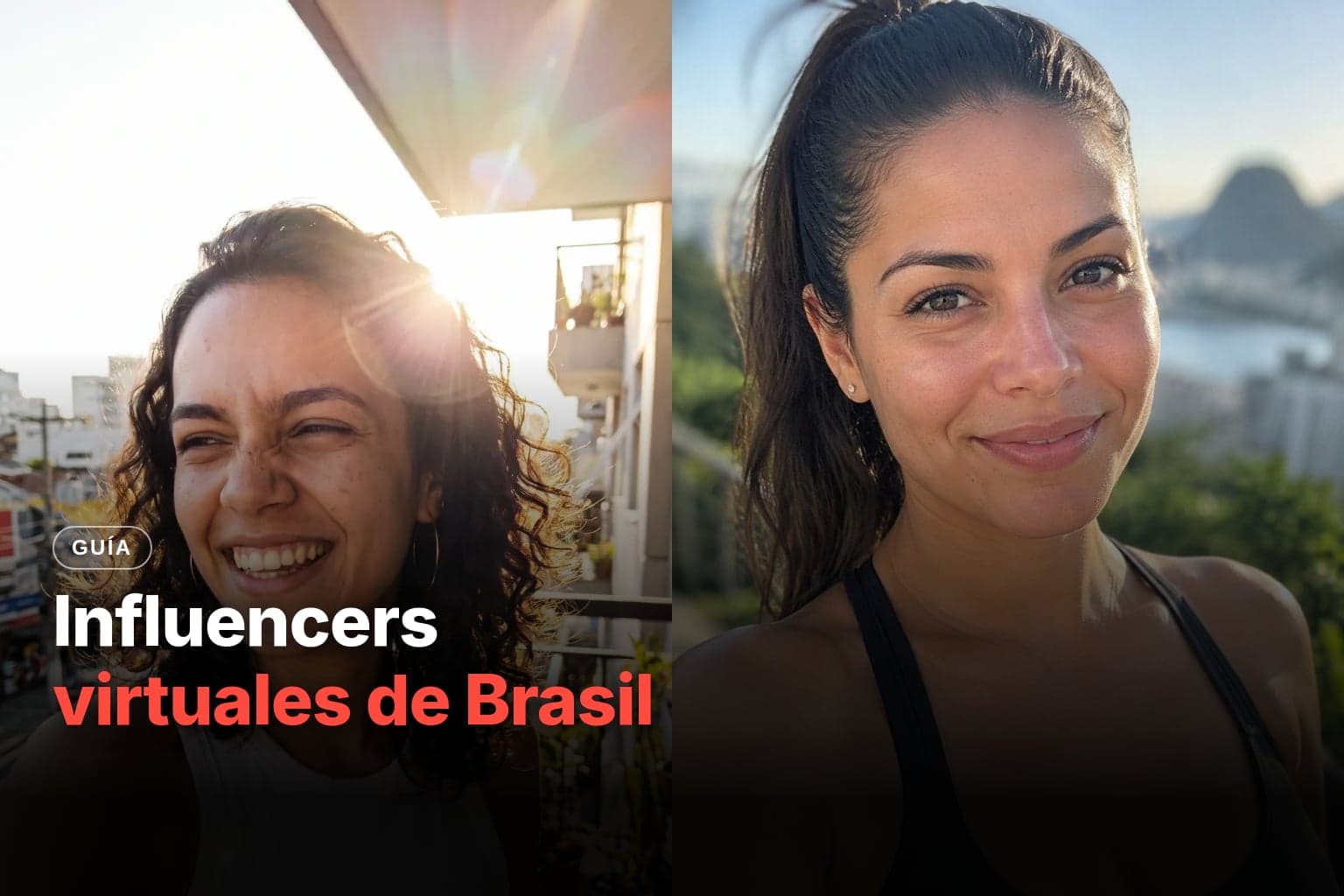 Dos influencers creadas con IA en selfies realistas: una sonríe en un balcón con plantas y la otra tiene Río de Janeiro de fondo