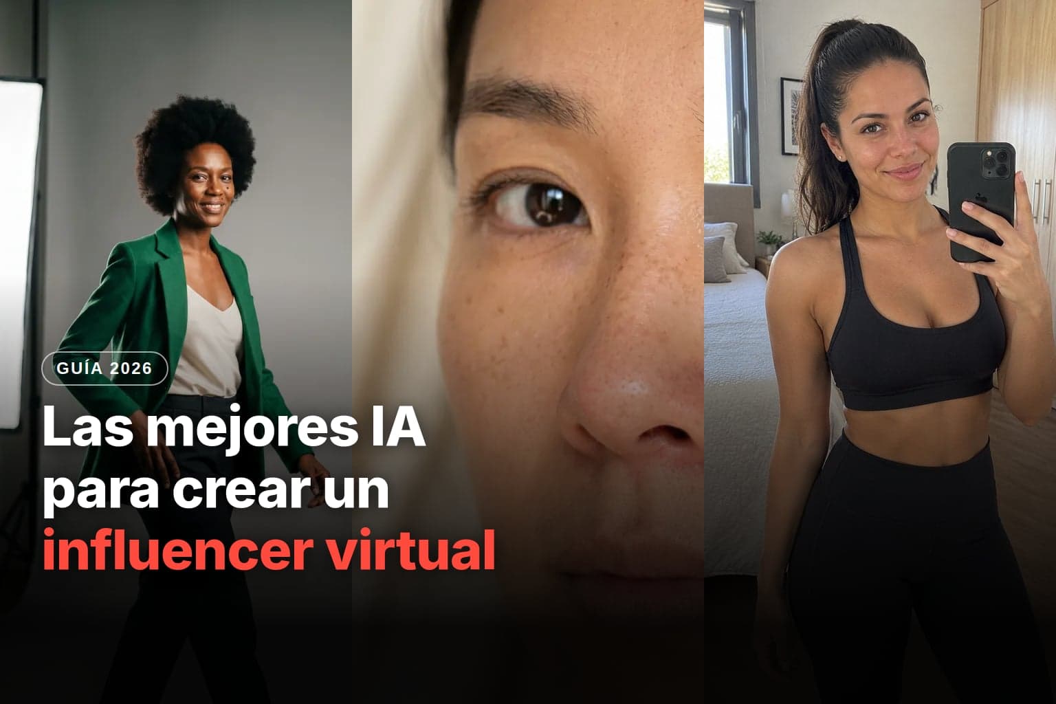 Tres mujeres creadas con IA: una de cabello afro y blazer verde en un estudio de fotos, un primer plano de un rostro con pecas y una joven con ropa deportiva que se toma una selfie frente al espejo de su cuarto