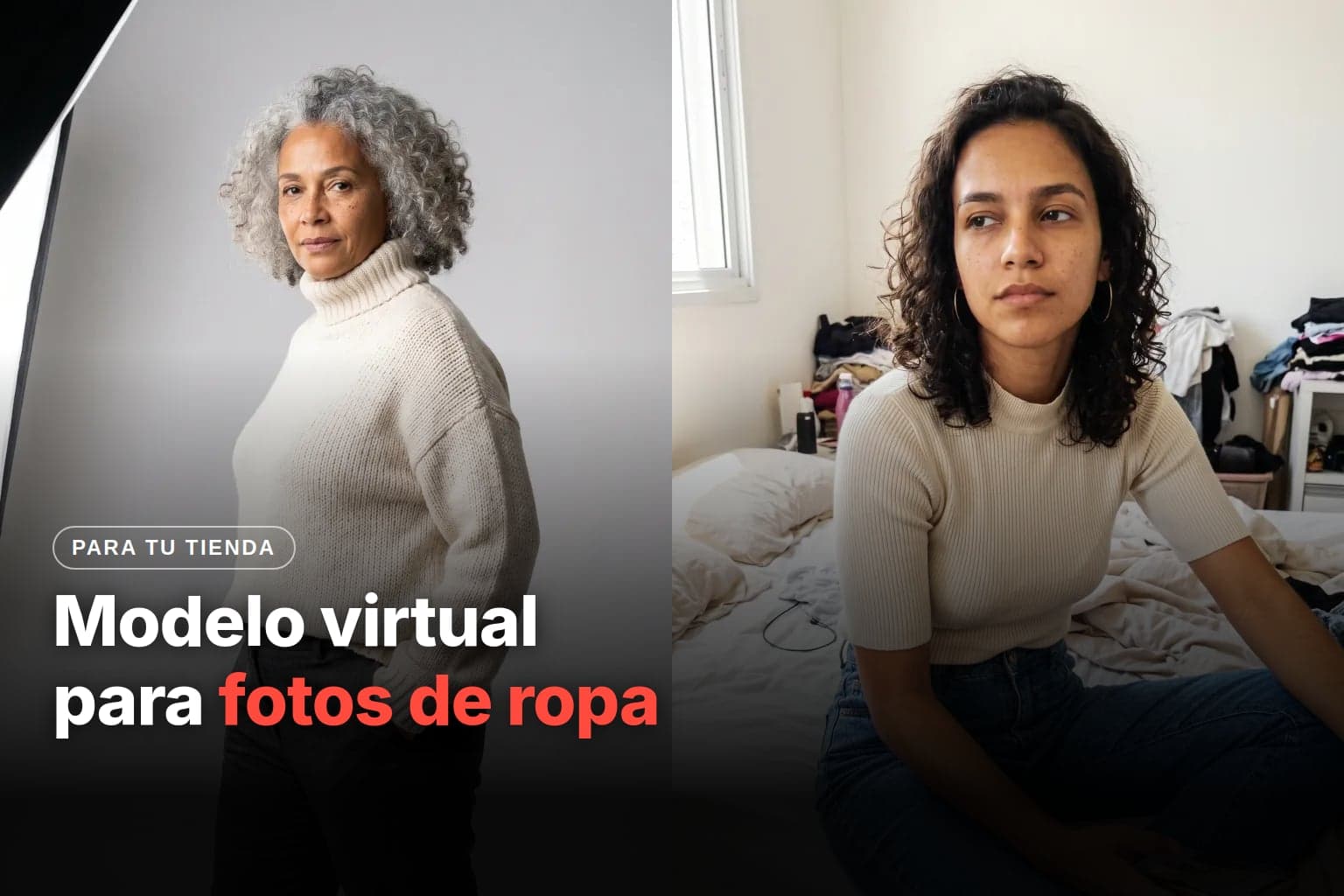 Portada con dos fotos de moda: una modelo de cabello canoso y rizado, con suéter de punto crema y pantalón oscuro en fondo de estudio, y una joven con blusa acanalada y jeans sentada en la cama de un dormitorio