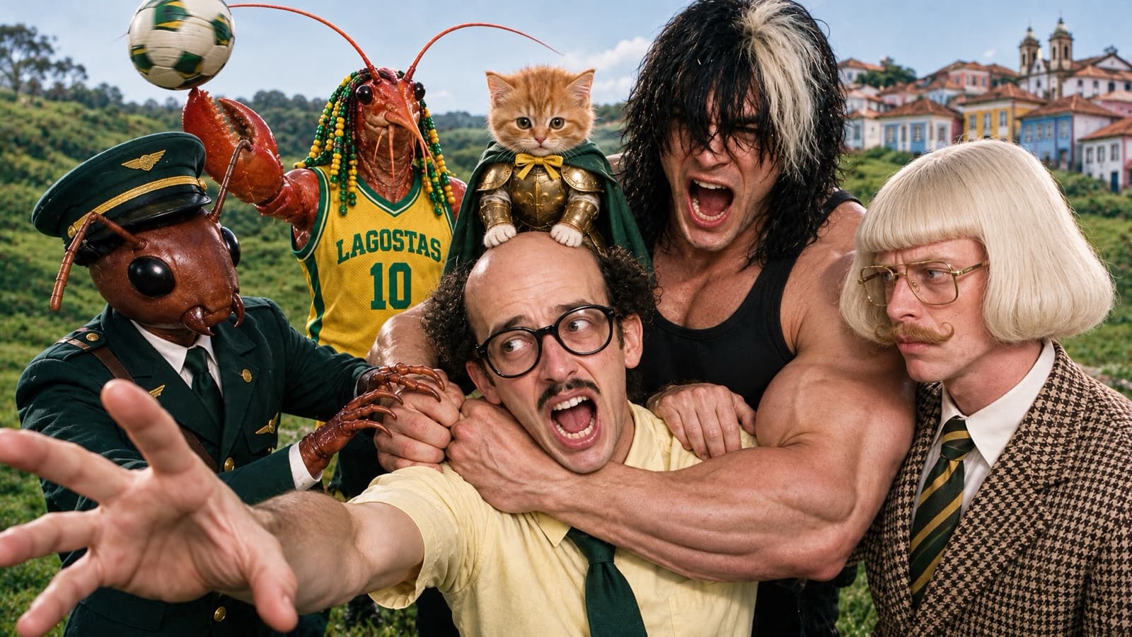 Seis personagens de IA estranhos numa colina com casarões coloniais ao fundo: um homem com cabeça de formiga de uniforme verde, uma lagosta com camisa amarela número 10 equilibrando uma bola, um gatinho de armadura dourada, um careca de óculos gritando, um bombado de cabelo emo e um homem de cuia loira e bigode