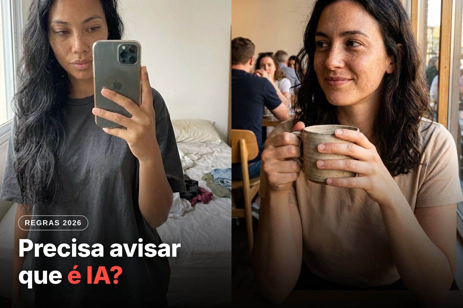 Selfie de espelho realista de uma influenciadora criada com IA, num quarto com roupas na cadeira, ao lado do título Precisa avisar que é IA? Instagram, TikTok, YouTube e CONAR