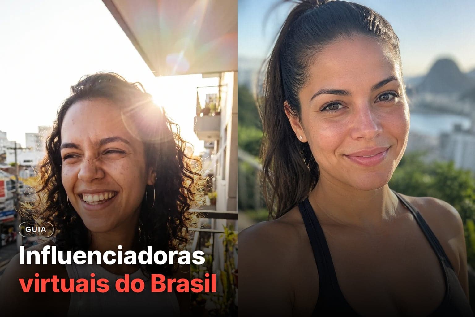 Duas influenciadoras criadas com IA em selfies realistas, uma sorrindo numa varanda com plantas e outra com o Rio de Janeiro ao fundo, ao lado do título Influenciadoras virtuais do Brasil