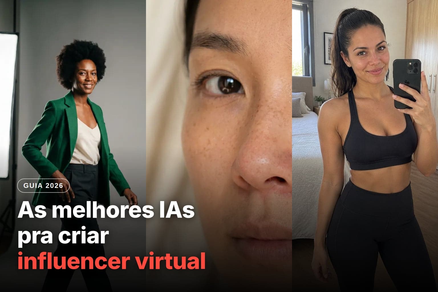 Capa do guia 2026 As melhores IAs pra criar influencer virtual, com duas influenciadoras geradas por IA: uma selfie de jovem de cabelo cacheado e brinco de argola no quarto e uma mulher de blazer verde num estúdio de foto