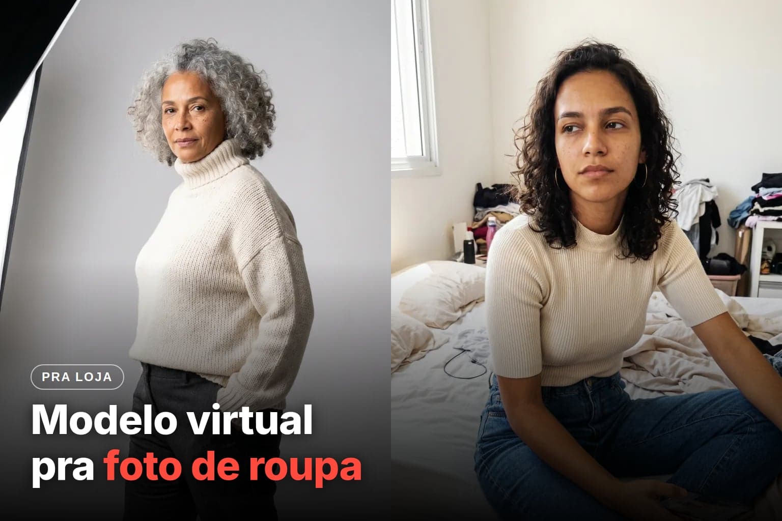 Capa com o título Modelo virtual com IA pra foto de roupa ao lado de duas fotos: uma modelo de cabelo grisalho cacheado, de tricô creme e calça escura em fundo de estúdio, e uma jovem de blusa canelada e jeans sentada na cama de um quarto