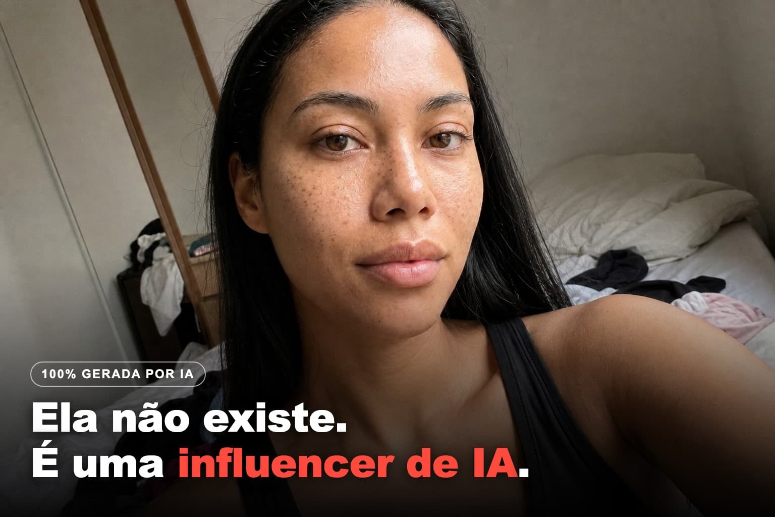 Selfie realista da Lia, a influencer 100% IA criada neste tutorial, no quarto com luz de janela, com a frase: Ela não existe. É uma influencer de IA