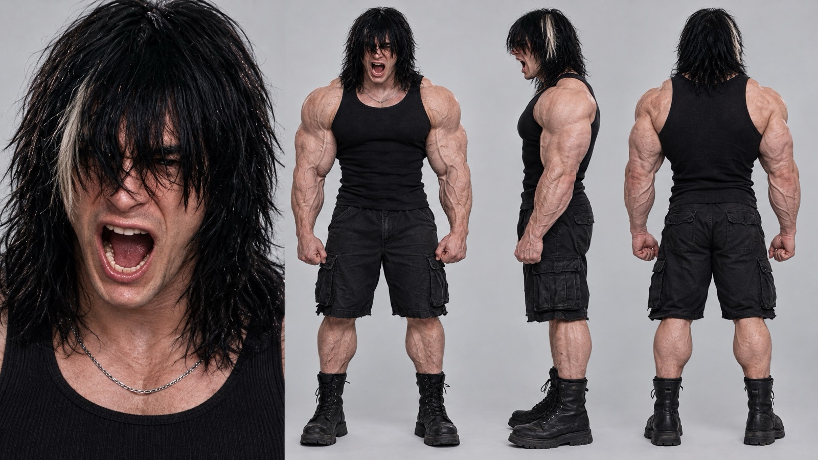 Folha de personagem do bombado de cabelo emo com mecha branca e regata preta