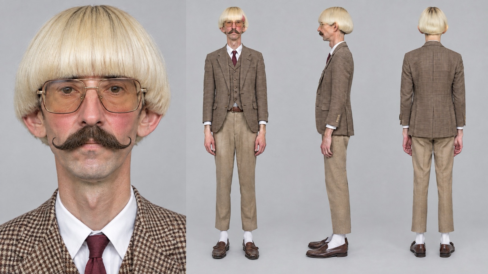 Folha de personagem do homem de cuia loira, bigode enrolado e terno xadrez