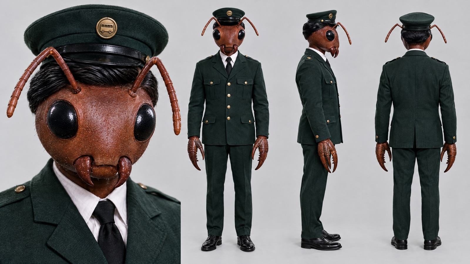 Folha de personagem do cobrador formiga: rosto de perto e corpo inteiro de frente, de lado e de costas, com uniforme verde e cabeça de formiga