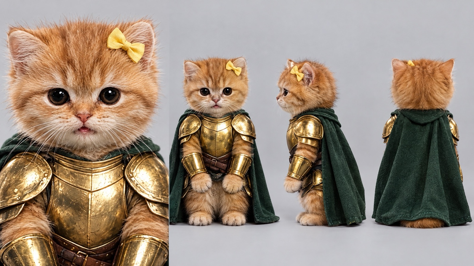 Folha de personagem do gatinho laranja de armadura dourada e capa verde
