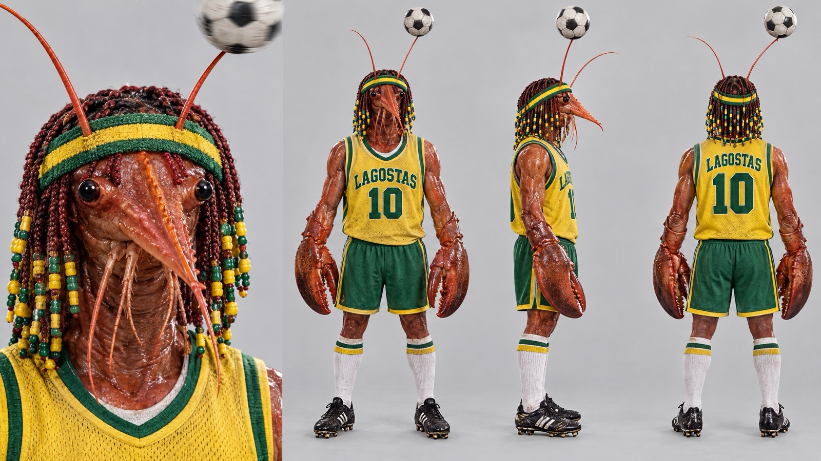 Folha de personagem da lagosta camisa 10 com uniforme verde e amarelo e bola girando na antena