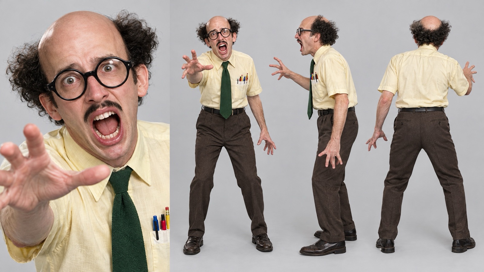 Folha de personagem do careca de óculos redondos gritando, de camisa amarela e gravata verde