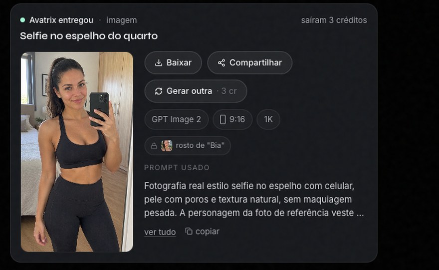 O cartão depois de gerar: a foto no chat, a linha saíram 3 créditos e os botões Baixar, Compartilhar e Gerar outra