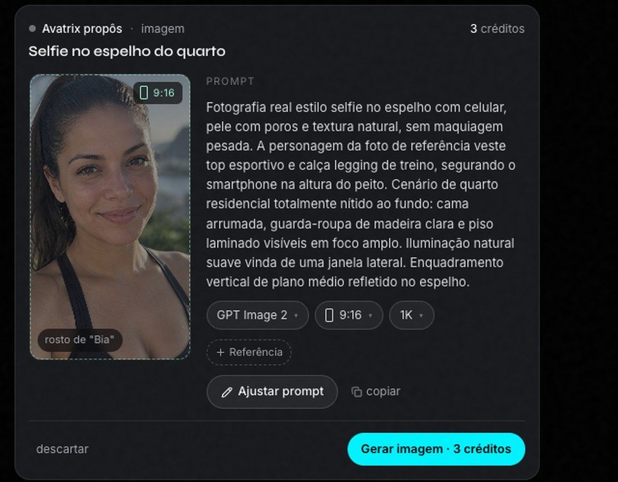 O cartão de geração com o prompt reescrito e o botão Gerar imagem por 3 créditos
