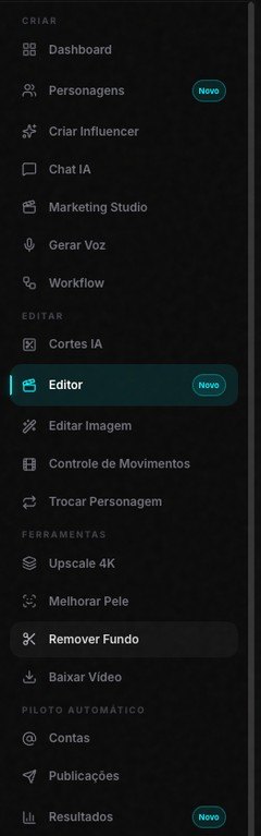 Menu lateral do Avatrix com Personagens, Criar Influencer e Chat IA no grupo Criar