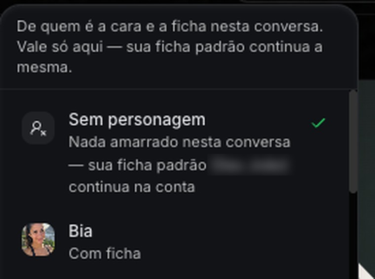 O menu de personagens aberto, com a Bia marcada como Com ficha