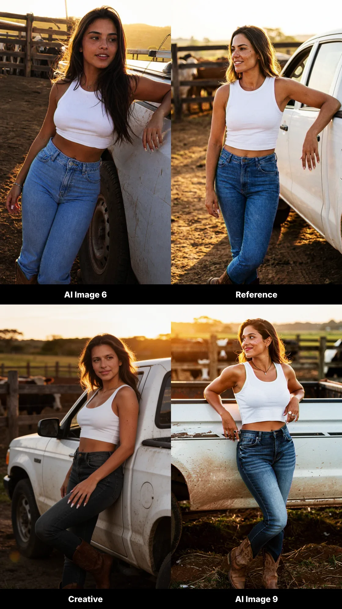 The same country influencer generated in four Avatrix models side by side, showing the difference in face and skin realism between AI Image 6, Reference, Creative and AI Image 9.