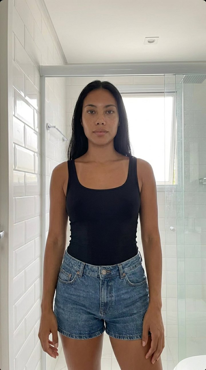 A correção — troquei só a foto: Lia de pé, mãos vazias, pose neutra e fundo de banheiro limpo, casado com o ambiente do vídeo.