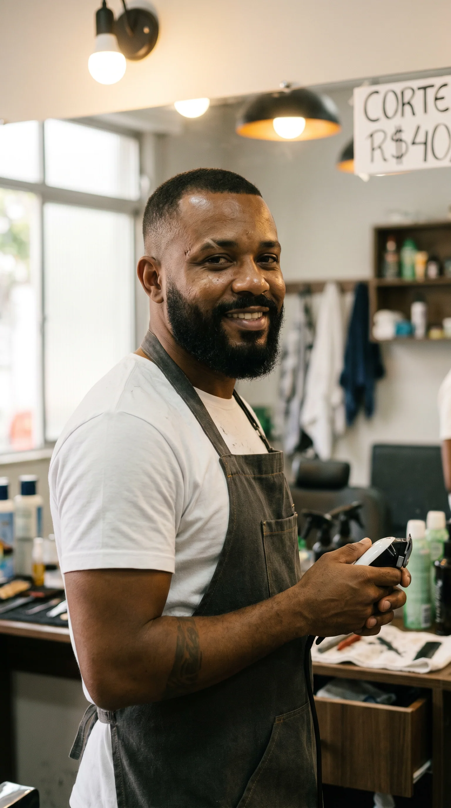 Barbeiro negro de uns 38 anos com avental, segurando o clipper na barbearia, ambiente real desfocado ao fundo com a placa de preço manuscrita "CORTE R$40" legível.