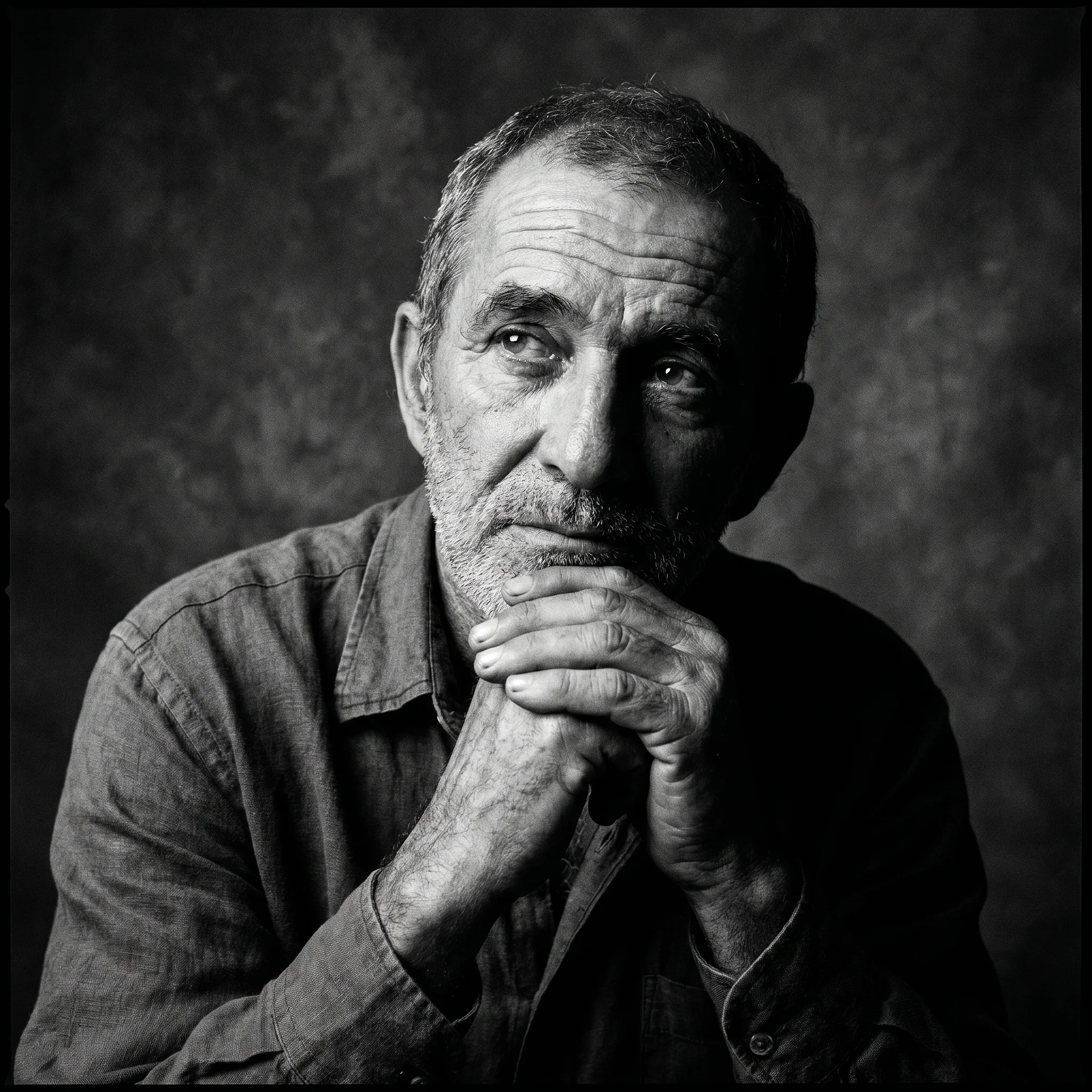 Retrato P&B de um homem de uns 60 anos, rosto enrugado e barba grisalha, luz lateral dramática deixando metade do rosto na sombra, grão de filme.
