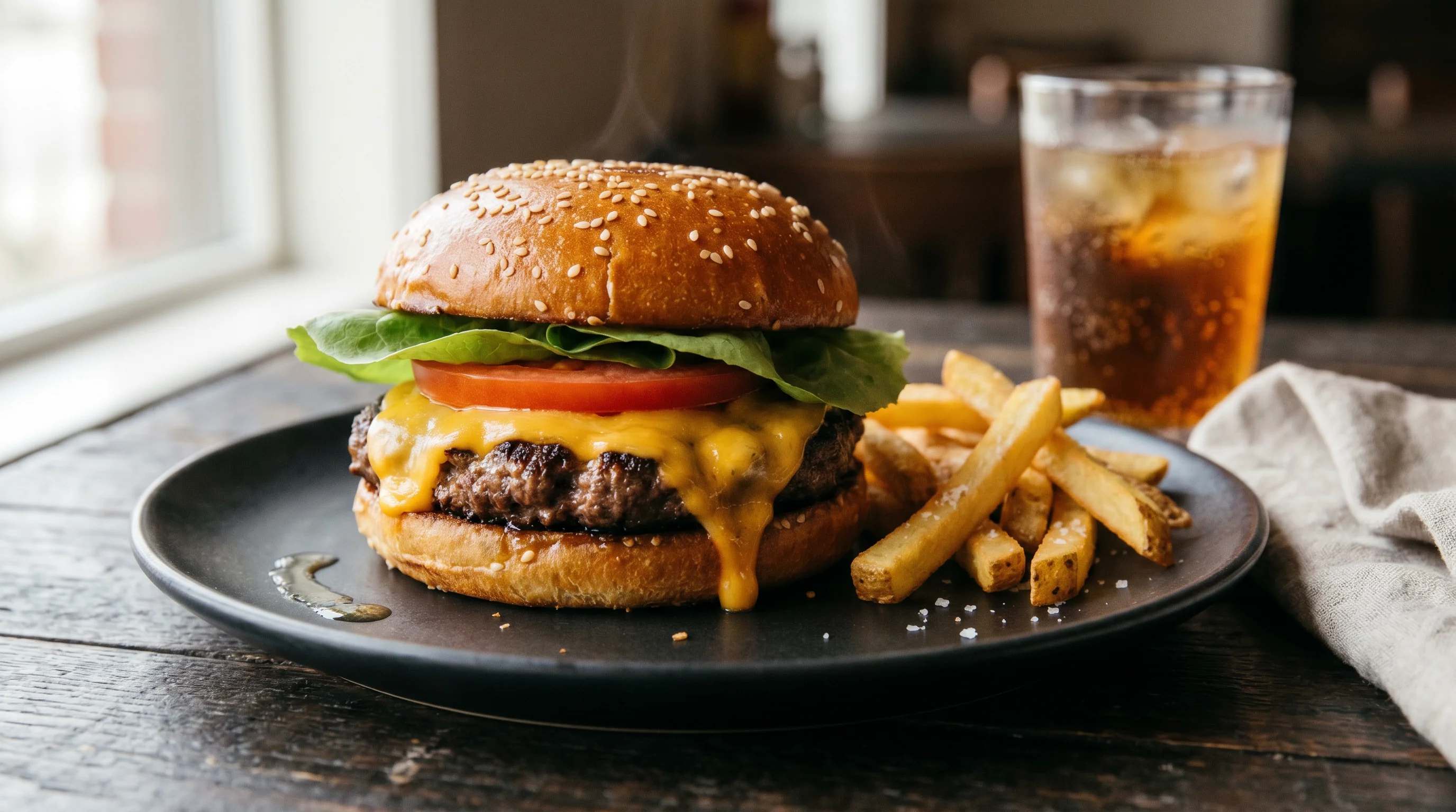 Smash burger com cheddar derretido escorrendo, pão brioche com gergelim, fritas e copo de refri gelado com condensação, mesa de madeira escura.